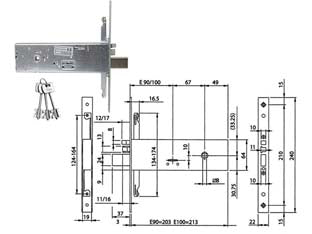 Elettroserratura triplice da infilare per fascia d/mappa mm.64 h 96391 - mm.90 (963910902) - scatola e frontale in acciaio con rivestimento in zinco, frontale inox 240x22x3, agganci aste a vite, 4 mandate con 3 chiavi ...