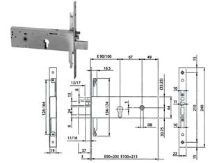 Elettroserratura triplice da infilare per fascia cil.eu. mm.64 h 96392 - mm.90 (963920902) - scatola e frontale in acciaio con rivestimento in zinco, frontale inox 240x22x3, agganci aste a vite, 3 mandate, scrocco e pi...