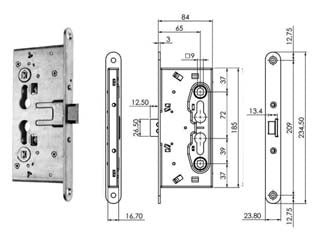 Serratura da infilare antipanico per porte tagliafuoco 214110654 - mm.65 (214110654) - ambidestra, interasse mm.72, testata in acciaio inox, scatola in acciaio con rivestimento in zinco, scrocco in acciaio con ri...