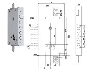 Serratura tripl. applicare c/catenaccio+scr. cil.eur. blindate 668gf - mm.63 (0066803280GF4) - zincata, con movimento ad ingranaggi, 3 mandate, interasse mm.28, sporgenza mm.3,5, catenaccio e scrocco reversibili, corsa m...