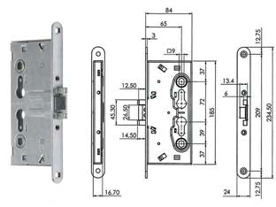 Serratura da infilare per porte tagliafuoco 216 - mm.65 (216120654) - ambidestra, interasse mm.72, 1 mandata mm.15, scrocco azionabile da chiave e maniglia, catenaccio azionabile dalla chiave, fr...