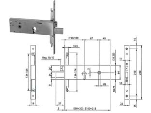 Serratura da infilare triplice con cil. europeo p/fasce mm.64 h 96312 - mm.90 (963120902) - frontale inox 240x22x3, tre mandate da mm.12, scatola mm.64h., modulare, agganci aste a vite, scrocco separato reversibile e ...