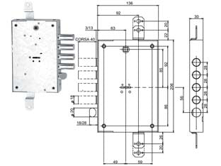 Serratura tripl. applicare c/catenaccio+scr. d.mappa blindate 608-01 - mm.63 (60803280005) - scrocco reversibile azionabile da chiave o maniglia, chiusura triplice con catenaccio a 4 pistoni e 4 mandate, sporgenza mm.3...