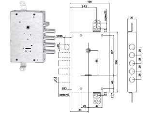 Serratura tripl. applicare c/catenaccio+scr. d.mappa blindate 608-f1 - mm.63 (608032800F4) - scrocco reversibile azionabile da chiave o maniglia, chiusura triplice con catenaccio a 4 pistoni e 4 mandate, sporgenza mm.3...