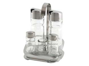 Oliera in vetro 5 pezzi - composto da pz.5: oliera, acetiera, spargisale e spargipepe, stand stuzzicadenti, ampolle in vetro trasparente con supproto i...