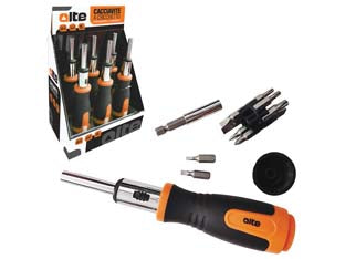 Giravite a cricchetto portainserti con 12 inserti e 1 portainserti - in espositore - Cr-V, impugnatura antiscivolo, 12 inserti mm.25 T3, T4, T5, T6, PH0, PH1, PH2, PH3, TX10, TX15, TX20, TX30, 1 portainserti mm...