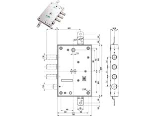 Serratura triplice infilare con scrocco dm blindate 52571/37 - mm.63 DX/SX (52571 37 36) - a doppia mappa, reversibile, con scrocco azionabile da chiave o maniglia, interasse mm.37, chiusura triplice con catenaccio a...