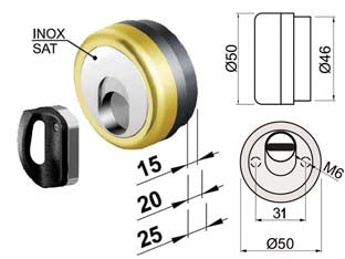 Defender magnetico mag monolito antiacido mr503 ottonato lucido - ø mm.50x15h. compatibile c/serrature Dierre ATRA - in acciaio ottonato lucido, interasse mm.31, dotato di 3 chiavi magnetiche, bocchetta in acciaio inox, bocchetta KT5238-39-40...