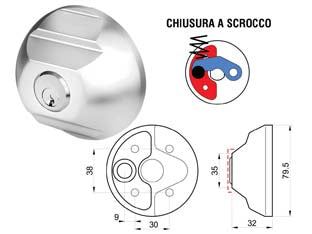 Serratura di sicurezza per furgoni ka pz.2 rif70 - ø mm.79,5x32h. - chiusura a scrocco, apertura interna di sicurezza, in KA