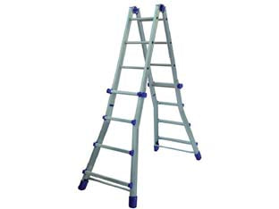 Scala in alluminio briko blu d.lgs.81/08 - 5+5 gradini cm.148-512h Kg.14 base cm.62 (BB/4) - scala universale in alluminio costruita rispettando precisi criteri previsti dal D.Lgs 81/08, portata max kg.150- forti cerni...
