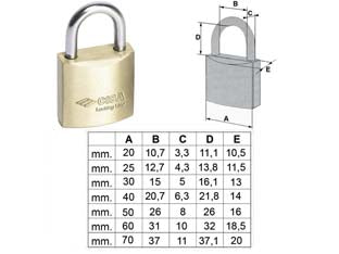 Lucchetto locking line arco normale 20010 - mm.70 (art.20010700) - corpo monoblocco in ottone smerigliato, arco in acciaio carbonitrurato nichelato (escluso mm.20 e 25), doppio sistema di bloc...