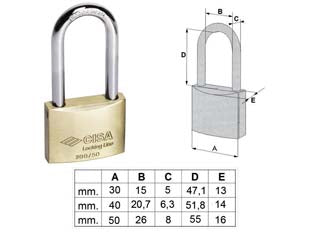 Lucchetto locking line arco lungo 20011 - mm.40 (art.20011400) - corpo monoblocco in ottone smerigliato, arco in acciaio carbonitrurato nichelato (escluso mm.20 e 25), doppio sistema di bloc...