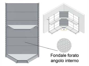 Fondale in lamiera forato angolo interno mm.400h grigio ral 7035 - mm.1000 l.x400 h. - componente per arredamento negozio in acciaio verniciato, passo 25, con fori asimmetrici