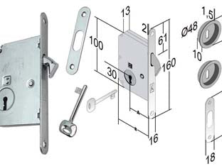 Serratura porte scorrevoli a gancio chiave patent b. tondo cr. sat. - mm.50 frontale e incontro cromo satinato - scatola in acciaio zincato, catenaccio a gancio rientrante, con quadro maniglia da mm.8 passante