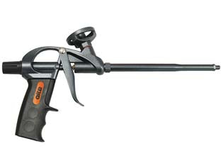 Pistola per schiuma poliuretanica - corpo alluminio nichelato, tubo acciaio nichelato, grilletto metallo, ghiera filettata alluminio, completamente rivestita tef...