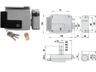 Elettroserratura per cancelli con tetto verniciata 11721 n7 - mm.50 DX (11721501N7) - scatola e bocchetta in acciaio verniciato grigio alluminio, tensione 12v AC, scrocco autobloccante, apertura dall’interno con...