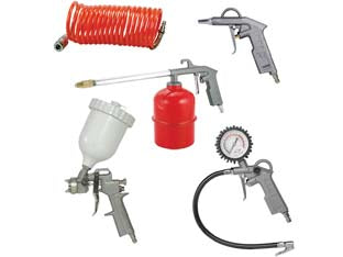 Kit aria compressa 5 pezzi con attacchi a baionetta - in alluminio composto da: pistola aerografo serbatoio superiore cc.600, lavaggio, soffiaggio, gonfiaggio, tubo spiralato con ...