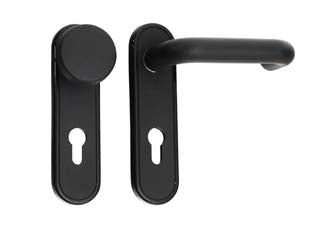 Coppia maniglia e pomolo fisso con foro cil. per man. antip. 07070240 - (07070240) - verniciata nero, adatta per serrature antipanico per porte tagliafuoco della serie 43000, 43020 e 43025, interasse 72 mm