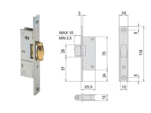 Serratura da infilare per montanti solo rullo 44238 - mm.15 (44238150) - scatola e frontale con bordo quadro da mm.20x116 con rivestimento in zinco – rullo regolabile
