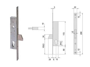 Serratura infilare per montanti solo catenaccio 46210 - mm.30 (46210300) - scatola in acciaio con rivestimento in zinco, frontale in acciaio inox con bordo quadro, catenaccio nichelato , per cilindro...