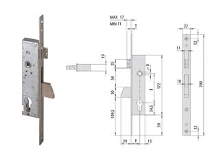 Serratura infilare per montanti con catenaccio e scrocco 46215 - mm.25 (46215250) - scatola in acciaio con rivestimento in zinco, frontale in acciaio inox con bordo quadro, scrocco reversibile e regolabile, ca...