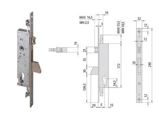 Serratura triplice infilare per montanti con catenaccio e rullo 46250 - mm.30 (46250300) - scatola in acciaio con rivestimento in zinco, frontale in acciaio inox con bordo quadro, catenaccio e rullo regolabile con ca...