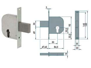 Serratura da infilare per cancelli con catenaccio e scrocco 42012 - mm.50 (42012500) - scatola in acciaio con rivestimento in zinco, catenaccio in acciaio ad una mandata con scrocco incorporato, per cilindro sago...