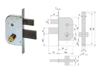 Serratura infilare per cancelli con quadro catenaccio e scrocco 42510 - mm.50 (42510500) - scatola in acciaio con rivestimento in zinco, quadro passante da mm.8, frontale in acciaio con rivestimento in zinco bordo qu...