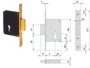 Serratura infilare a cilindro solo catenaccio 2 mandate 52310 - mm.40 (52310400) - scatola in acciaio, frontale con bordo quadro e contropiastra in ottone satinato, catenaccio in acciaio, due mandate, cilind...