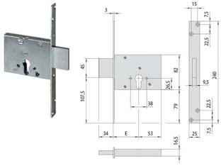 Serratura da infilare a cilindro 56013 - mm.60 (56013600) - per porte in ferro, scatola e frontale con rivestimento in zinco, catenaccio in acciaio con rivestimento in zinco, tre mandat...
