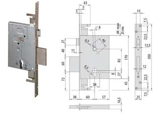 Serratura da infilare a cilindro con catenaccio e scrocco 56255 - mm.60 (56255600) - scatola in acciaio con rivestimento in zinco, frontale in acciaio satinato nichelato, catenaccio in acciaio, scrocco nichelat...