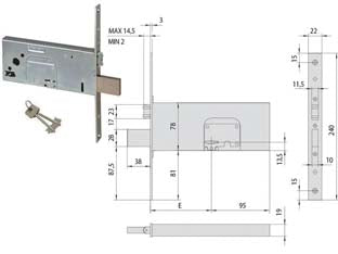 Serratura da infilare per fasce doppia mappa con rullo mm.78 h 57360 - mm.100 (57360100) - scatola con rivestimento in zinco, frontale in acciaio inox con bordo quadro , catenaccio in acciaio nichelato, quattro manda...