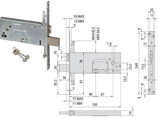 Elettroserratura triplice infil. per fasce doppia mappa mm.78 h 17358 - mm.90 (17358900) - scatola e frontale con rivestimento in zinco con bordo quadro, catenaccio e scrocco reversibile nichelati, quattro mandate, s...