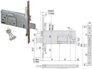 Elettroserratura triplice infilare per fasce doppia mappa mm.78 h 17357 - mm.100 (17357100) - scatola con rivestimento in zinco, frontale in acciaio inox con bordo quadro, catenaccio in acciaio nichelato, quattro mandat...