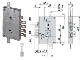 Serratura triplice applicare con scr. ch. cantiere doppia mappa 57516 - mm.64 (157516480) conf. ind. - scatola in acciaio con rivestimento in zinco, 4 mandate, catenacci e scrocco in acciaio nichelato, scrocco reversibile, quadr...