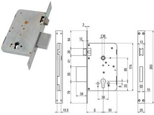 Serratura da infilare a cilindro con scrocco e catenaccio 610y - mm.60 (00610 Y30 60) - scatola e coperchio in acciaio zincato, piastra frontale e contropiastra nichelate, catenaccio cromato, 3 mandate, catenaccio...