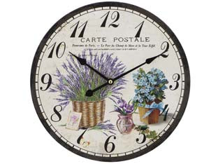 Orologio muro cartolina lavanda - ø cm.30 - MDF truciolare, decoro stampato, gancio per appendere, alimentazione 1 pila AA non inclusa