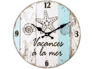 Orologio muro vacances a la mer - ø cm.30 - MDF truciolare, decoro stampato, gancio per appendere, alimentazione 1 pila AA non inclusa