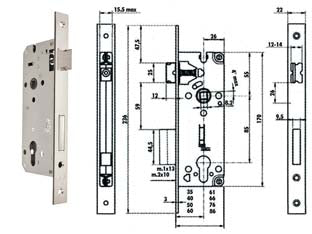 Serratura da infilare a cilindro bordo quadro nichelato satinato 52x - mm.35 (Y52X00350S2) - scatola in acciaio verniciato con fori passanti a norma DIN per l'applicazione di rosette di sicurezza, frontale e contropias...