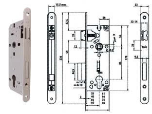 Serratura da infilare a cilindro bordo tondo nichelato satinato 52x - mm.45 (Y52X10450S2) - scatola in acciaio verniciato con fori passanti a norma DIN per l'applicazione di rosette di sicurezza, frontale e contropias...