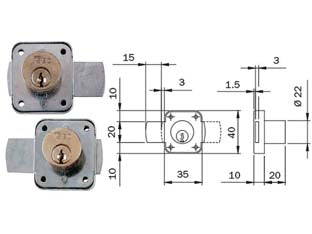 Serratura da applicare per antina laterale - destra (107214) - scatola zincata, ghiera, estrazione chiave a serratura chiusa, cilindro ottone ø mm.22x20