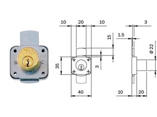 Serratura da applicare per cassetto e antina verticale 106214 - (106214) - scatola zincata, ghiera, estrazione chiave a serratura chiusa, cilindro ottone ø mm.22x20