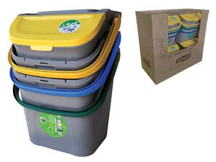 Set pattumiera per raccolta differenziata lt.28 pz.3 - cm.38,5x37x51h. - verticale, salvaspazio, in plastica, colori giallo, verde e blu