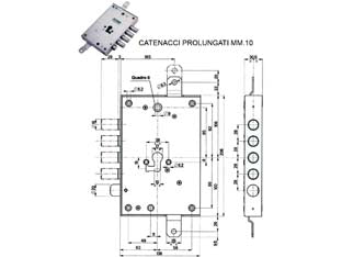Serratura triplice appl. scrocco cil.eur. 85571/28 catenacccio + 10 - mm.63 DX (85571D28AN) - scatola mm.136x206h. in acciaio con rivestimento in zinco, catenacci e scrocco in acciaio nichelato con interasse mm.28,2 man...