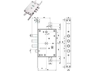 Serratura triplice infilare con scrocco doppia mappa blindate 52771/37 - mm.63 DX/SX (52771ML37 36) - scatola mm.136x206h. in acciaio zincato, piastra mm.356x35, catenacci e scrocco a pistoni con interasse mm.37 in acciaio crom...
