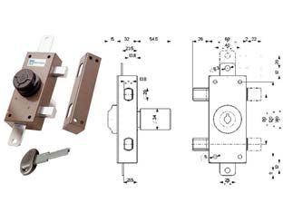 Serratura triplice applicare chiave piatta con pomolo a pompa 34329 - mm.30 cilindro ø mm.34 (34329V600X) - 2 mandate, scatola in acciaio verniciato, pompa esterna con chiave piatta C10, corsa aste mm.20, corsa catenacci mm.22, apert...