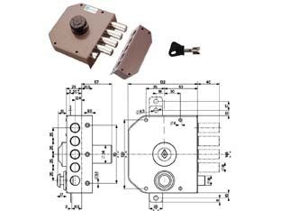 Serratura laterale da applicare con scrocco con pomolo a pompa 30611 - mm.60 DX cilindro ø mm.34 (30611VD60) - 4 mandate, scatola in acciaio verniciato, catenacci a pistoni in acciaio cromato, con pomolo, dotazione 1 mostrina, 1 ferrogl...