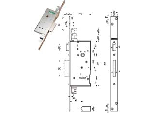 Serratura triplice da infilare doppia mappa con scrocco 40721 - mm.47 (407215000 36) - 4 mandate, scatola zincata con ferrogliera nichelata, scrocco reversibile azionato da quadro maniglia mm.8, corsa catenaccio ...
