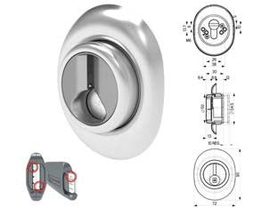 Defender regolabile a molla magnetico df371p cromato satinato - mm.72x90 - regolazione da mm.12 a mm.22 - per cilindro europeo, in dotazione 5 chiavi, defender in acciaio con mostrina il lamiera e con apertura tramite apposita chia...