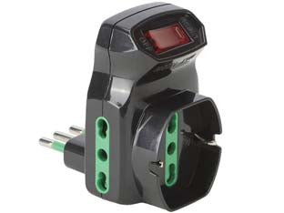 Adattatore triplo shuko 2 poli + terra 16a con interruttore automatico - nero 87318 - adattatore triplo con spina italiana 2P+T 10A, 2 prese bipasso italiane 2P+T 16A + 1 presa bipasso italo/tedesca 2P+T 16A, co...